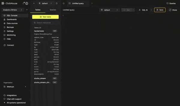Animation showing the AI Copilot providing SQL autocompletion suggestions as a user types